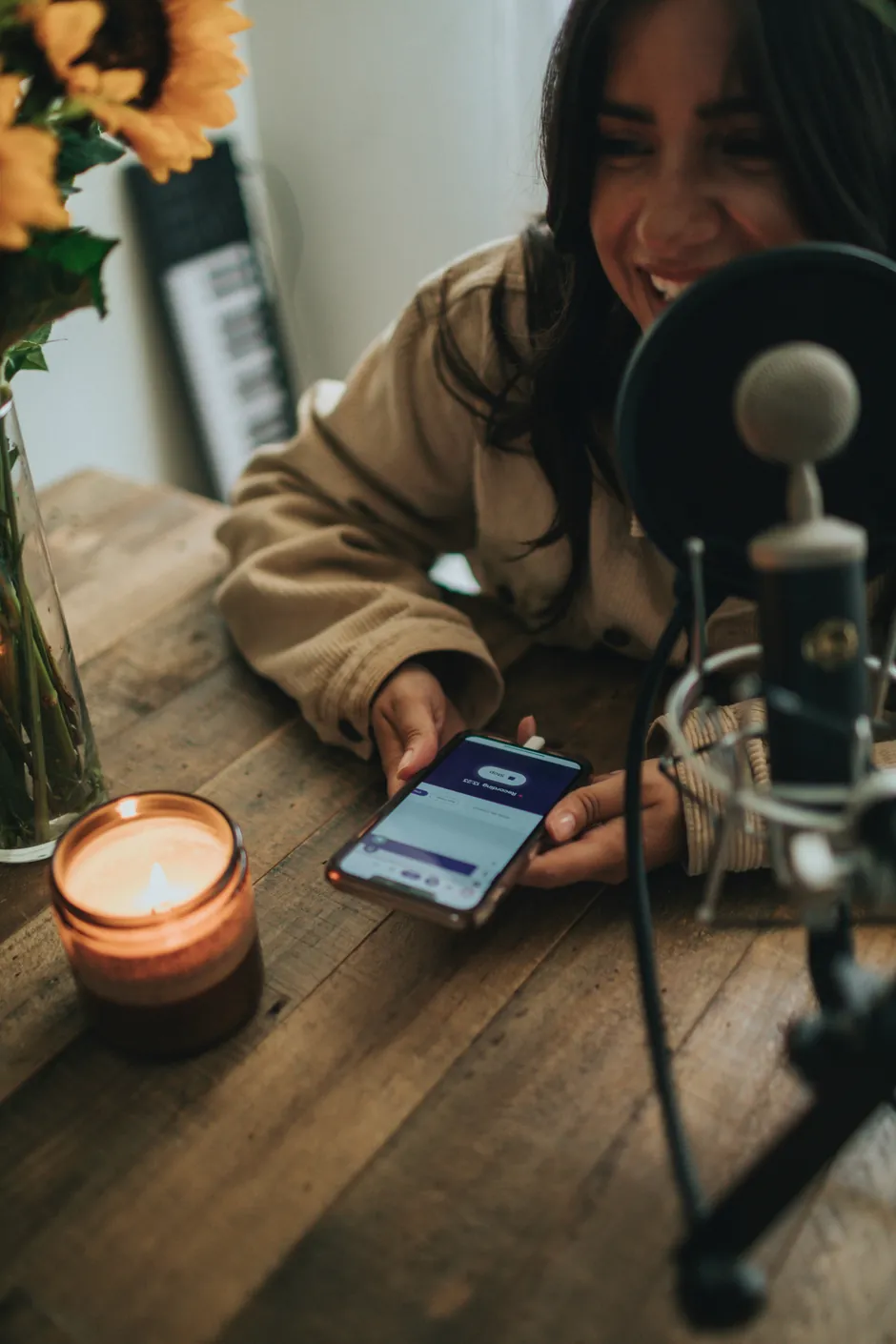 Podcast host recording content